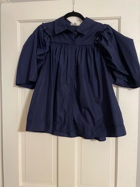 entro Navy Puff Sleeve Button-Front Blouse